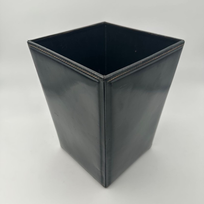 Black Leather Desk Basket with Saddle Stitching in the Style of Jacques Adnet