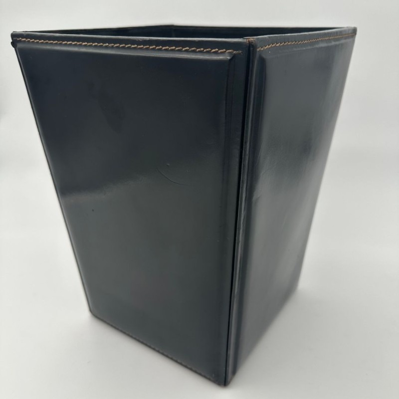 Black Leather Desk Basket with Saddle Stitching in the Style of Jacques Adnet