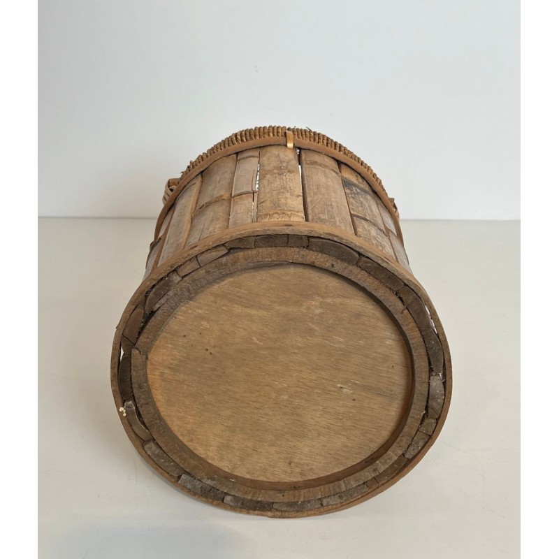 Rattan and Brass Wastebasket with Braided Rim