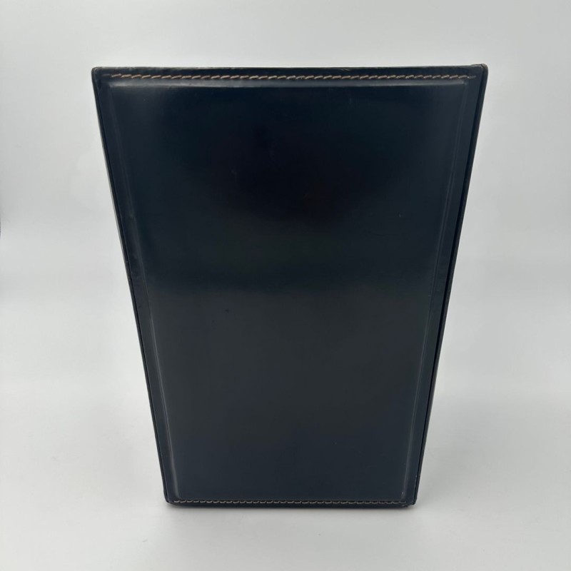 Black Leather Desk Basket with Saddle Stitching in the Style of Jacques Adnet