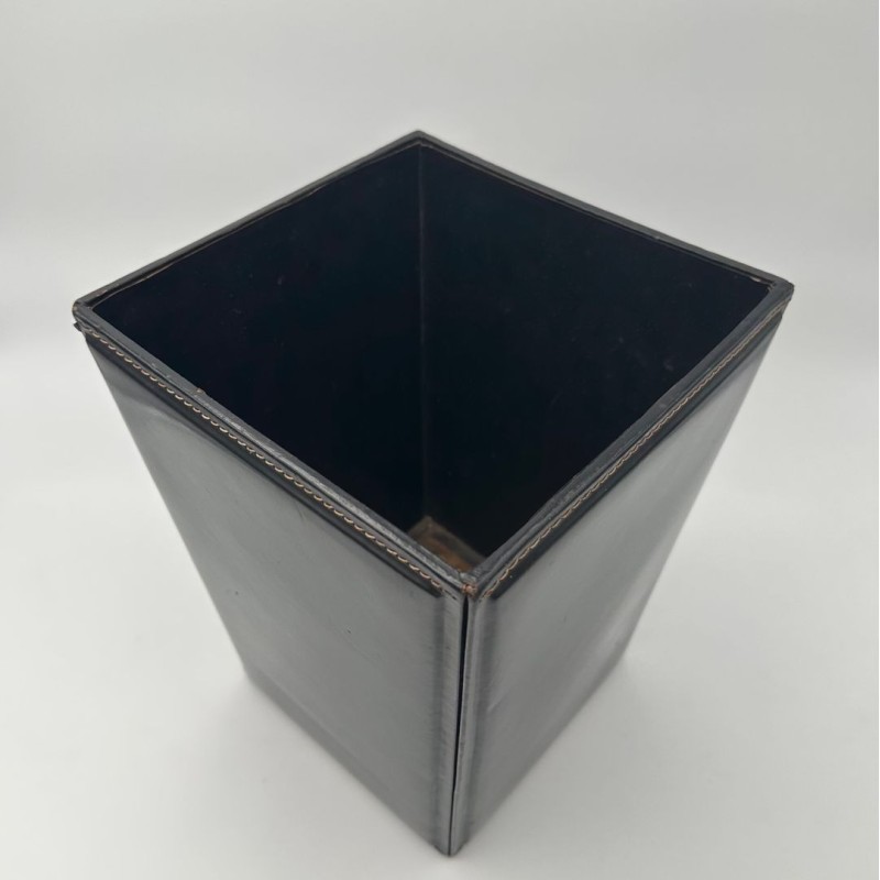 Black Leather Desk Basket with Saddle Stitching in the Style of Jacques Adnet