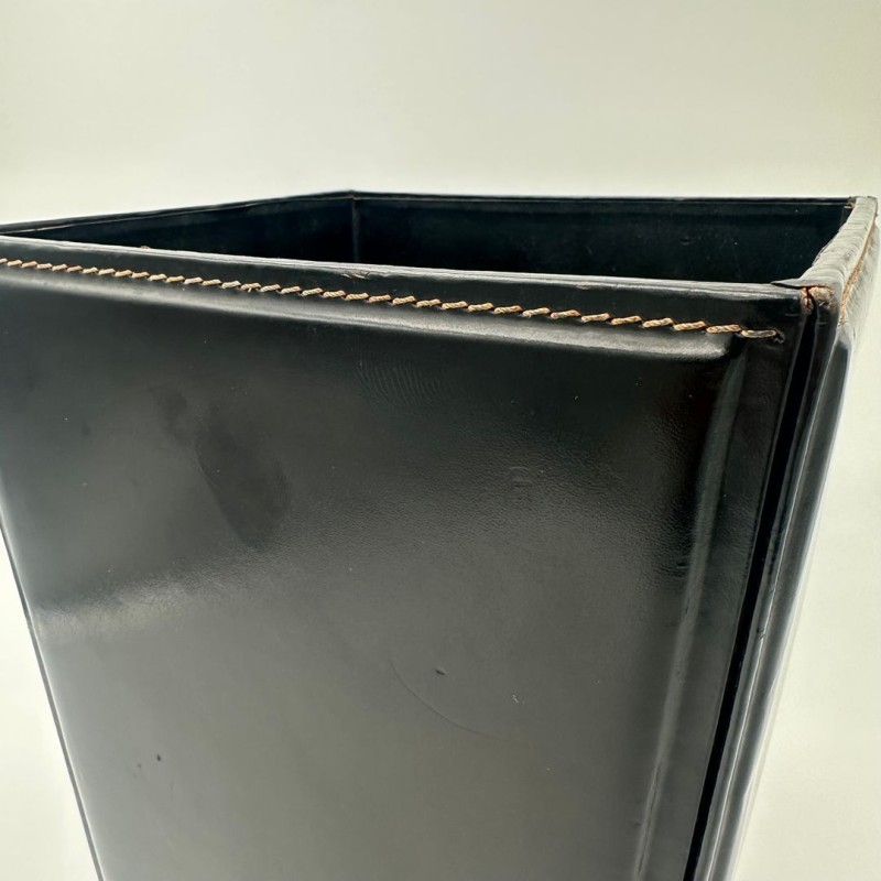 Black Leather Desk Basket with Saddle Stitching in the Style of Jacques Adnet