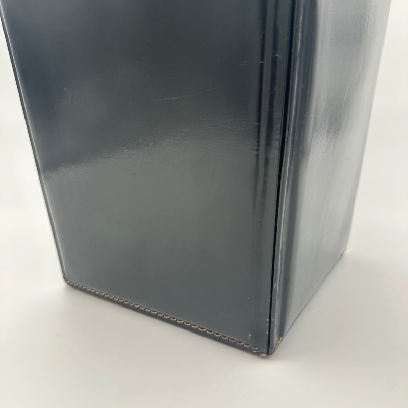 Black Leather Desk Basket with Saddle Stitching in the Style of Jacques Adnet