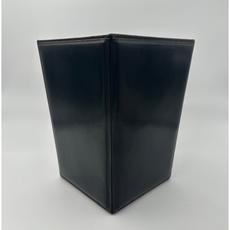 Black Leather Desk Basket with Saddle Stitching in the Style of Jacques Adnet