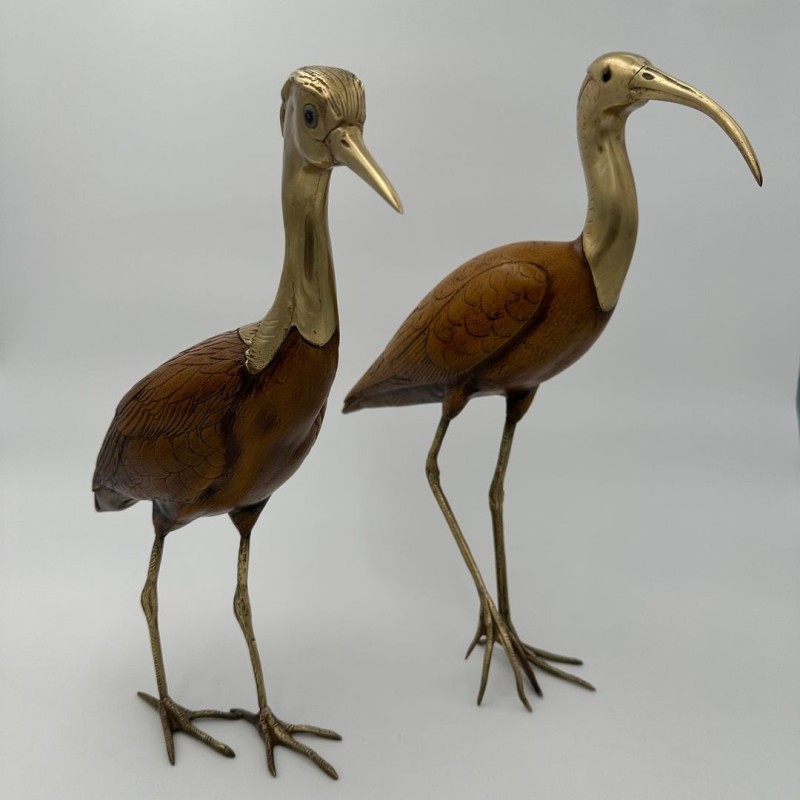Pair of Sculpted Wood and Chiselled Brass Herons