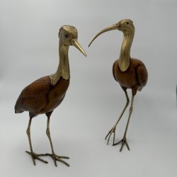 Pair of Sculpted Wood and Chiselled Brass Herons