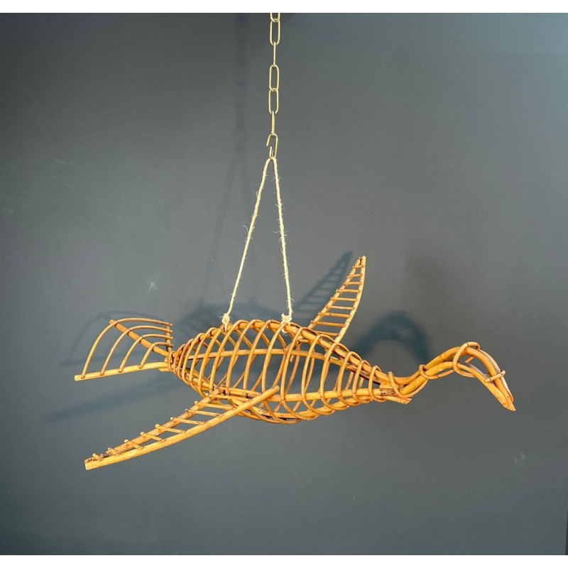 Grand Mobile Décoratif en Rotin Représentant un Oiseau en Vol