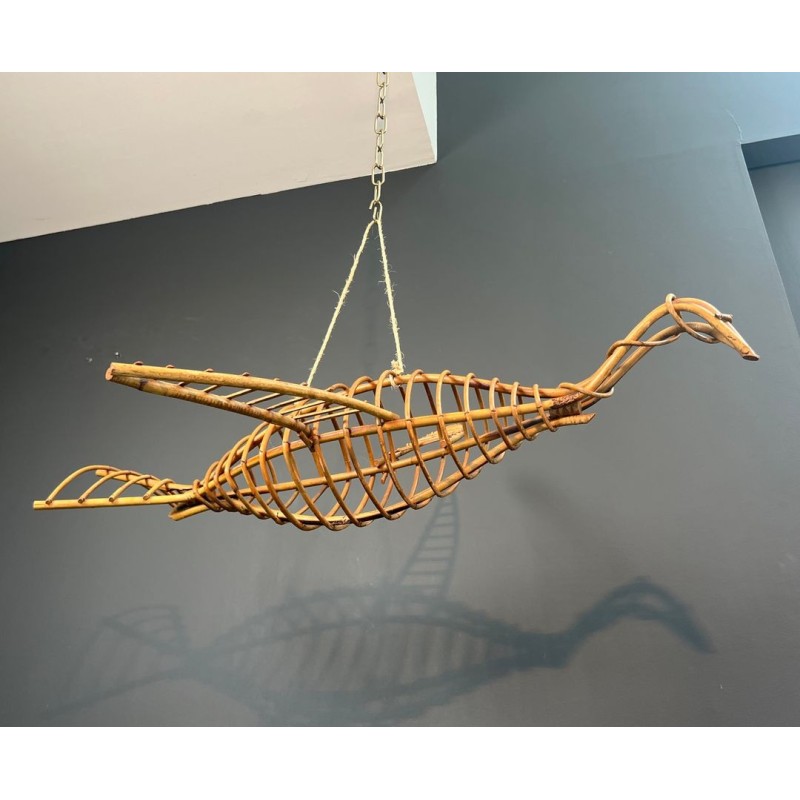 Grand Mobile Décoratif en Rotin Représentant un Oiseau en Vol