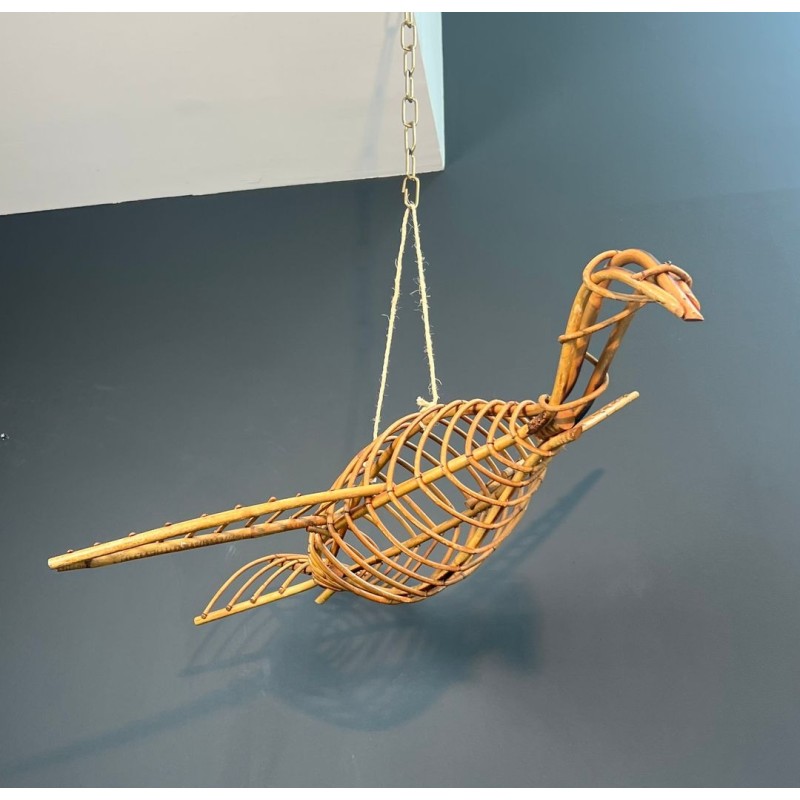 Grand Mobile Décoratif en Rotin Représentant un Oiseau en Vol