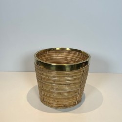 Rattan and Brass Wastebasket in The Style of Gabriela Crespi