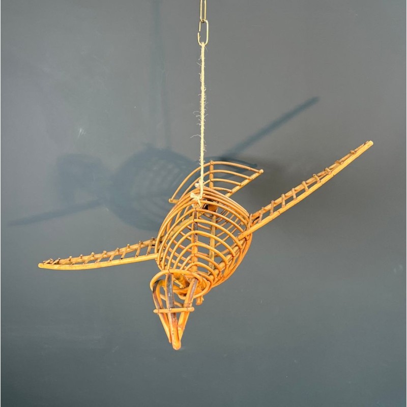 Grand Mobile Décoratif en Rotin Représentant un Oiseau en Vol