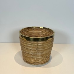 Rattan and Brass Wastebasket in The Style of Gabriela Crespi