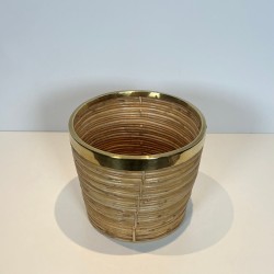 Rattan and Brass Wastebasket in The Style of Gabriela Crespi