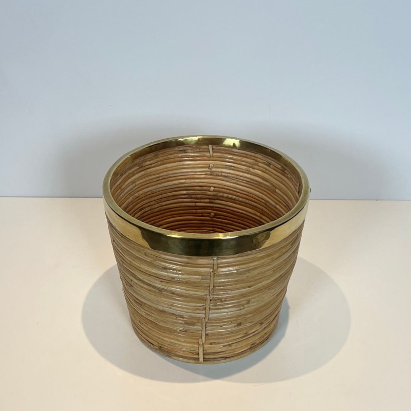 Rattan and Brass Wastebasket in The Style of Gabriela Crespi