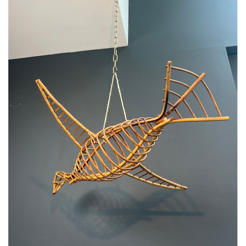 Grand Mobile Décoratif en Rotin Représentant un Oiseau en Vol