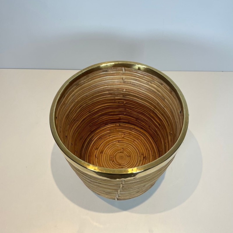 Rattan and Brass Wastebasket in The Style of Gabriela Crespi