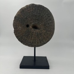 Antique Millstone Mounted as a Decorative Object on a Black Steel Stand