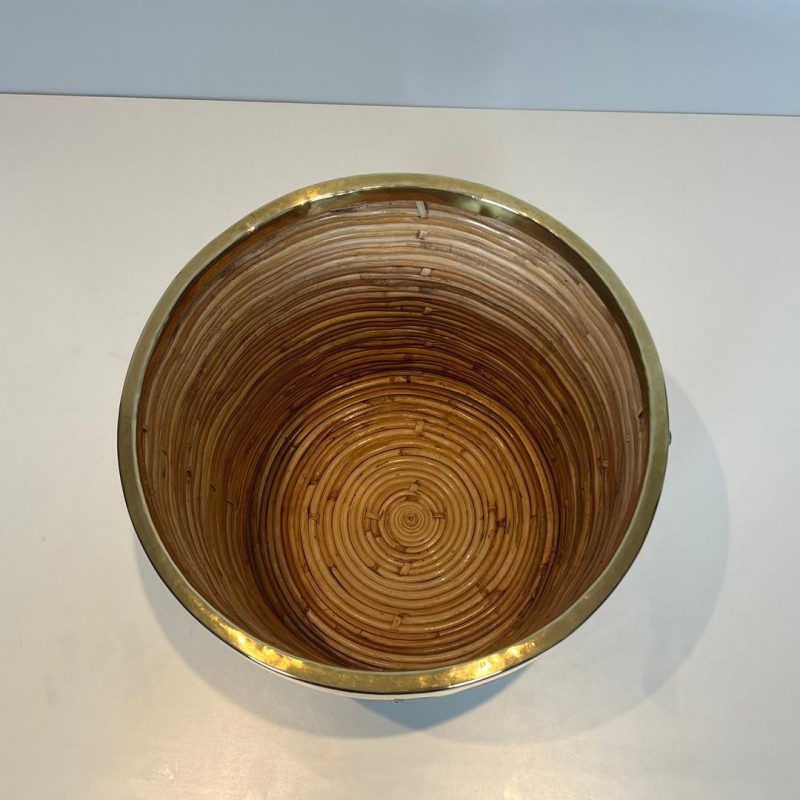Rattan and Brass Wastebasket in The Style of Gabriela Crespi