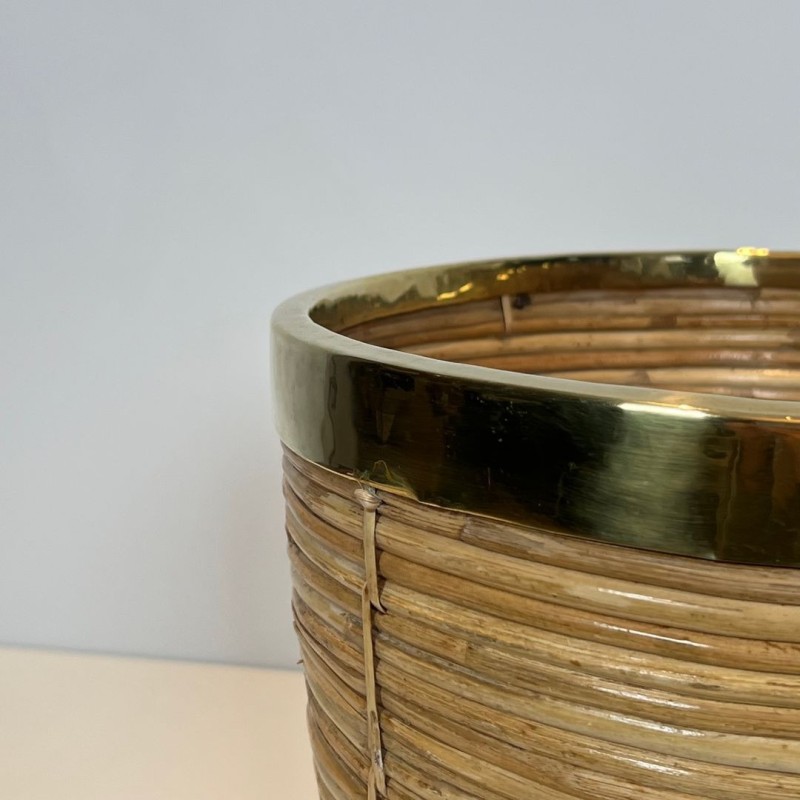Rattan and Brass Wastebasket in The Style of Gabriela Crespi