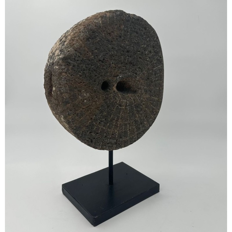 Antique Millstone Mounted as a Decorative Object on a Black Steel Stand