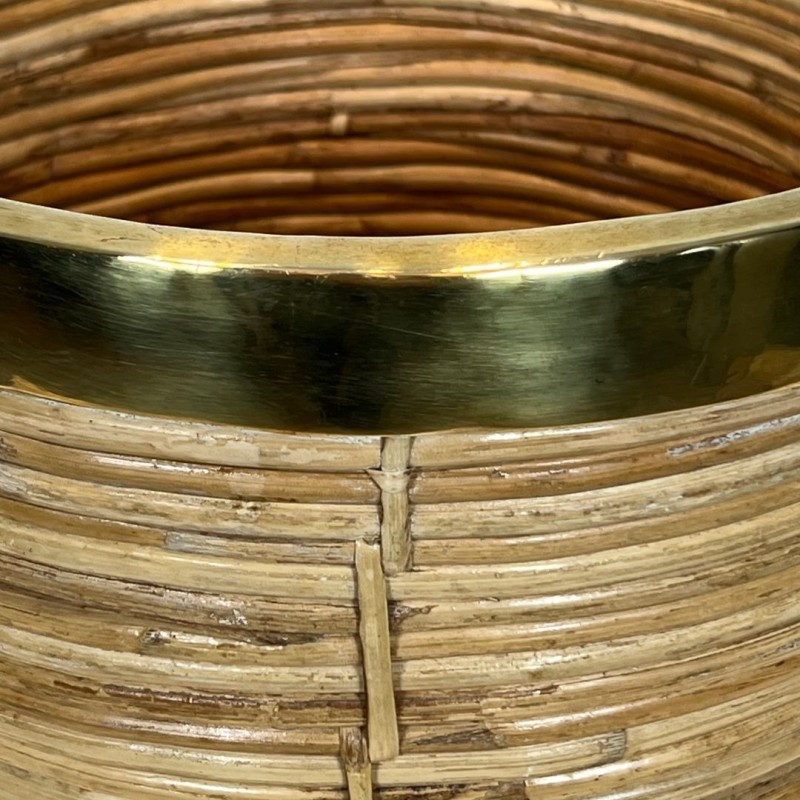 Rattan and Brass Wastebasket in The Style of Gabriela Crespi