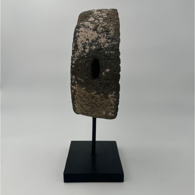 Antique Millstone Mounted as a Decorative Object on a Black Steel Stand