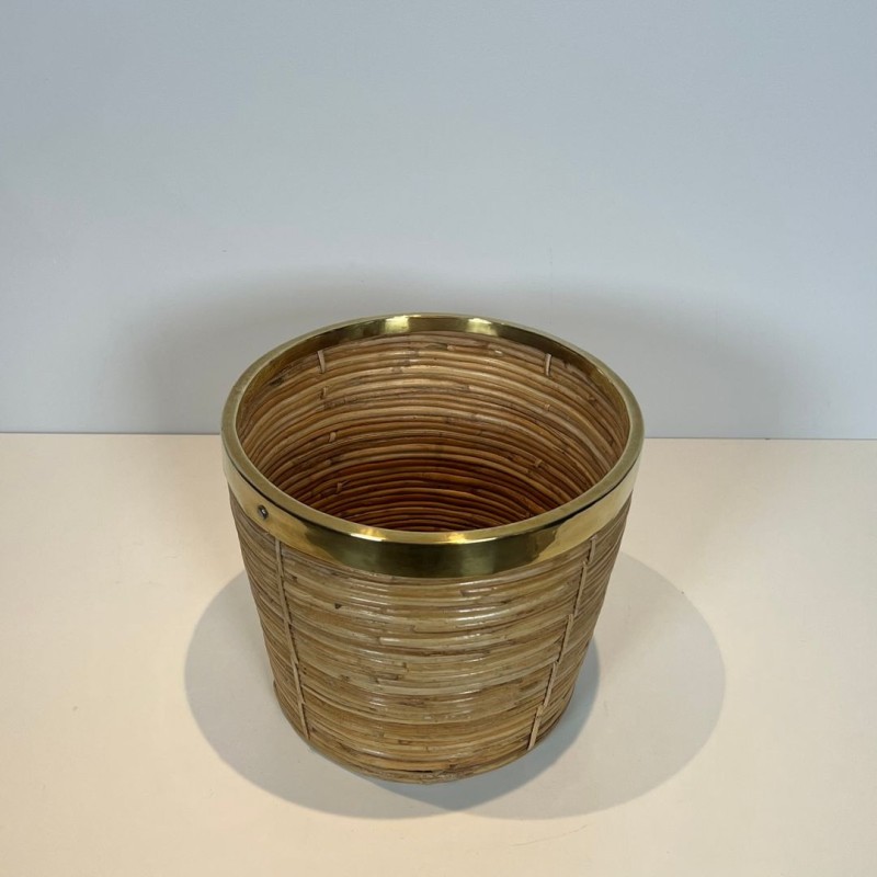 Rattan and Brass Wastebasket in The Style of Gabriela Crespi