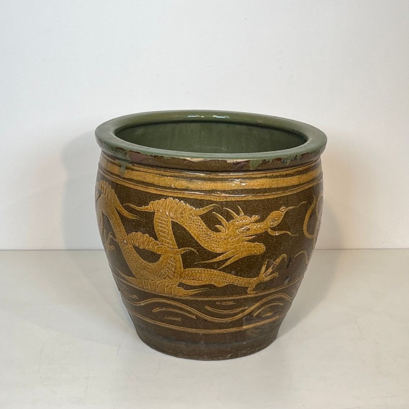 Large Chinese Glazed Ceramic Planter with Dragon Decoration