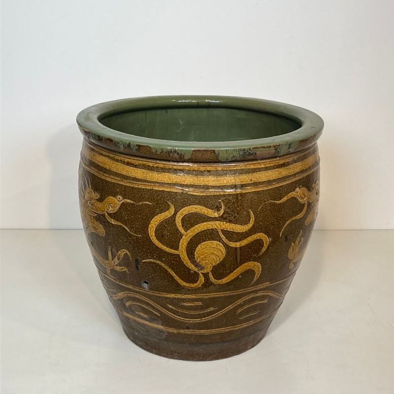 Large Chinese Glazed Ceramic Planter with Dragon Decoration