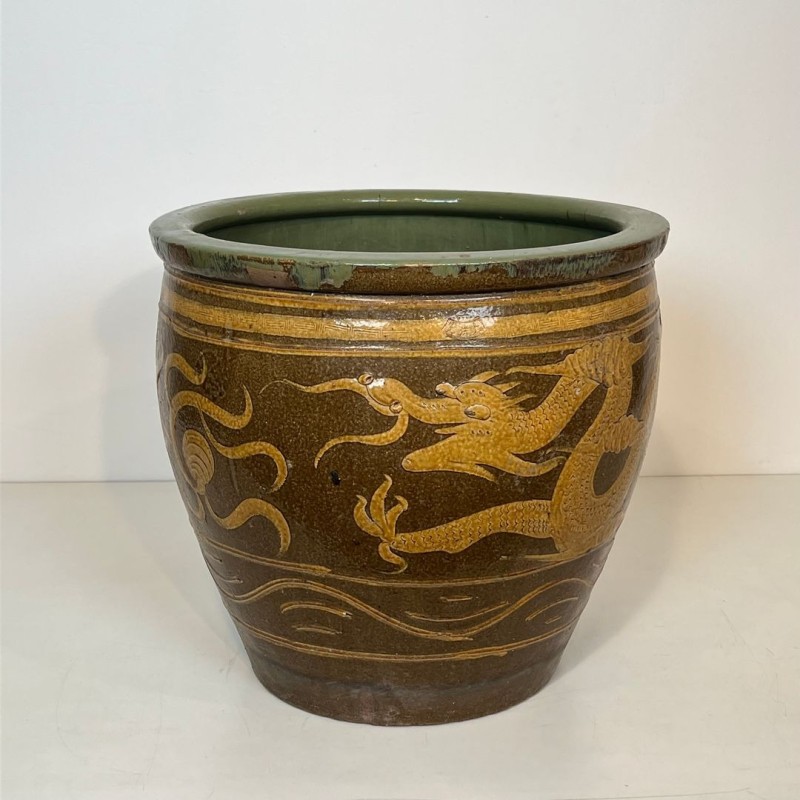 Large Chinese Glazed Ceramic Planter with Dragon Decoration