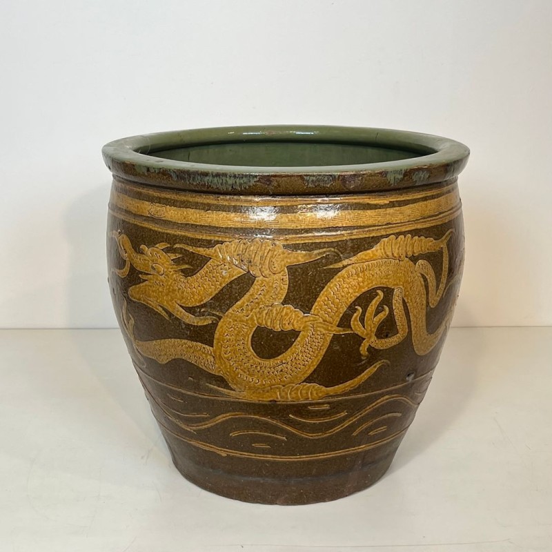 Large Chinese Glazed Ceramic Planter with Dragon Decoration