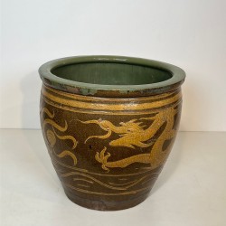 Large Chinese Glazed Ceramic Planter with Dragon Decoration