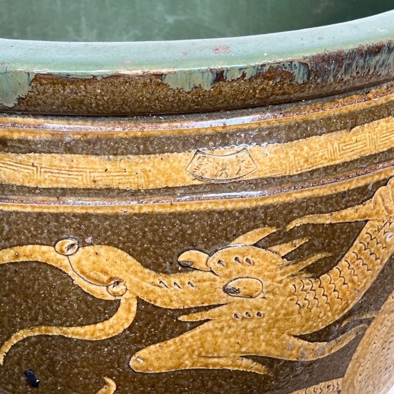 Large Chinese Glazed Ceramic Planter with Dragon Decoration