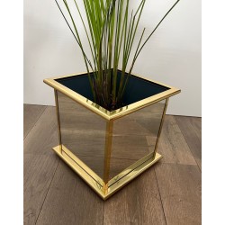 Jardinière Carrée à Panneaux Miroir et Cadre en Métal Doré
