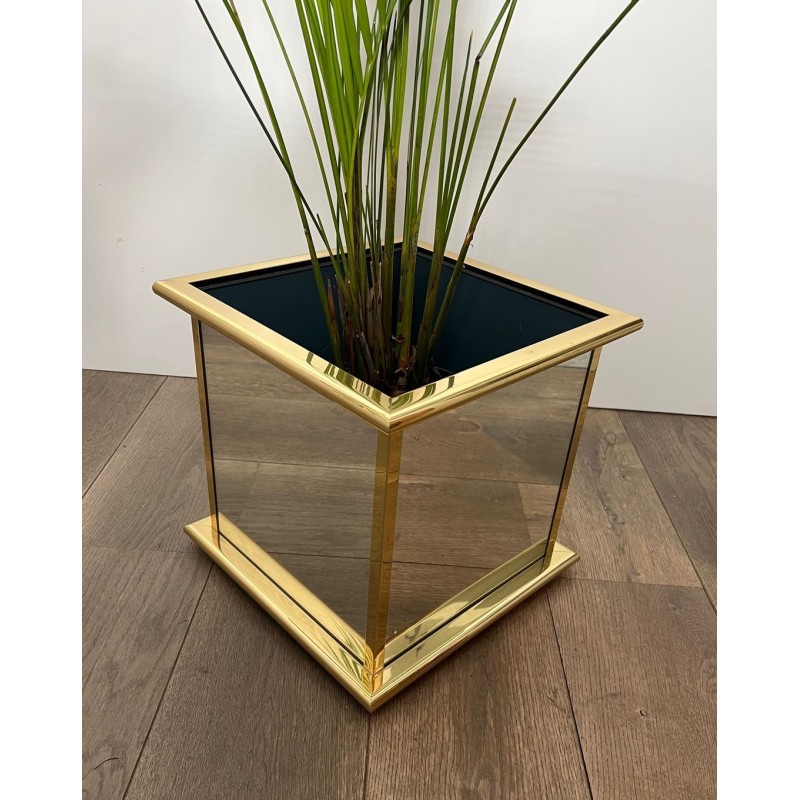Jardinière Carrée à Panneaux Miroir et Cadre en Métal Doré