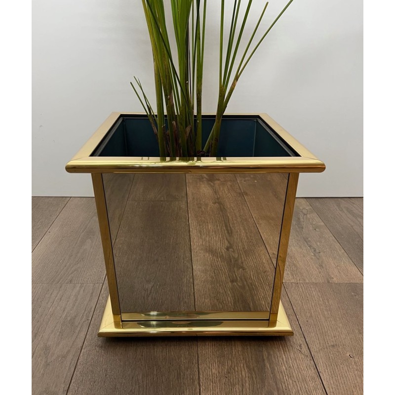 Jardinière Carrée à Panneaux Miroir et Cadre en Métal Doré