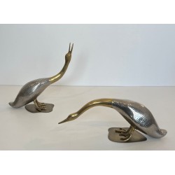 Pair of Silvered Metal and Brass Decorative Duck Sculptures, Mid-20th Century