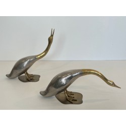 Pair of Silvered Metal and Brass Decorative Duck Sculptures, Mid-20th Century