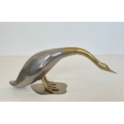 Pair of Silvered Metal and Brass Decorative Duck Sculptures, Mid-20th Century