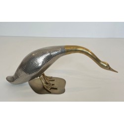 Pair of Silvered Metal and Brass Decorative Duck Sculptures, Mid-20th Century
