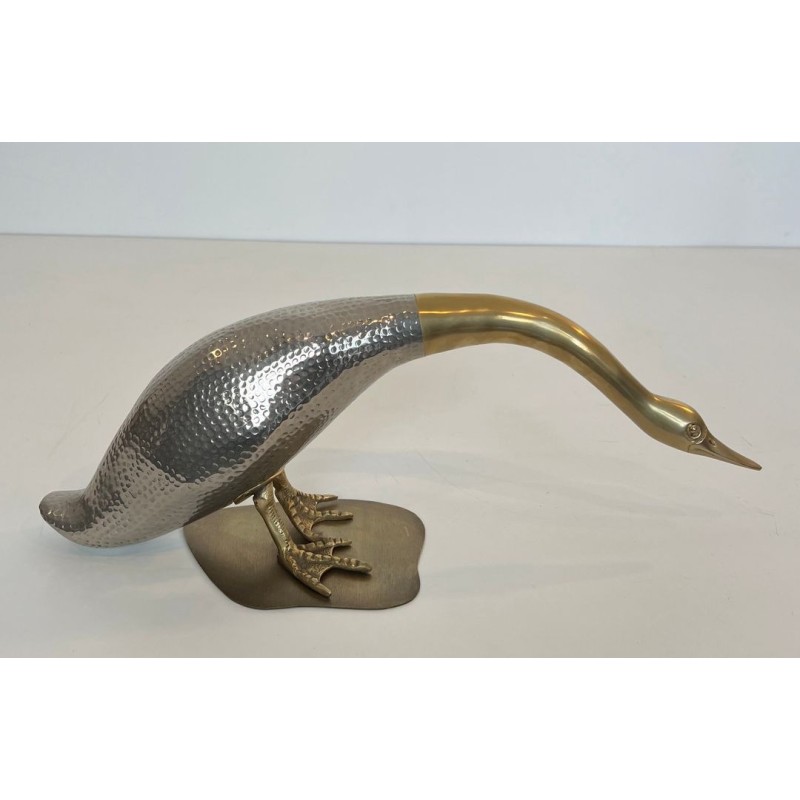 Pair of Silvered Metal and Brass Decorative Duck Sculptures, Mid-20th Century