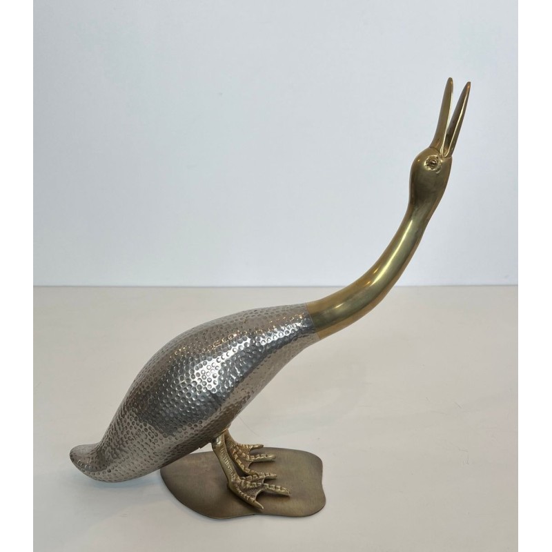 Pair of Silvered Metal and Brass Decorative Duck Sculptures, Mid-20th Century