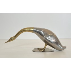 Pair of Silvered Metal and Brass Decorative Duck Sculptures, Mid-20th Century