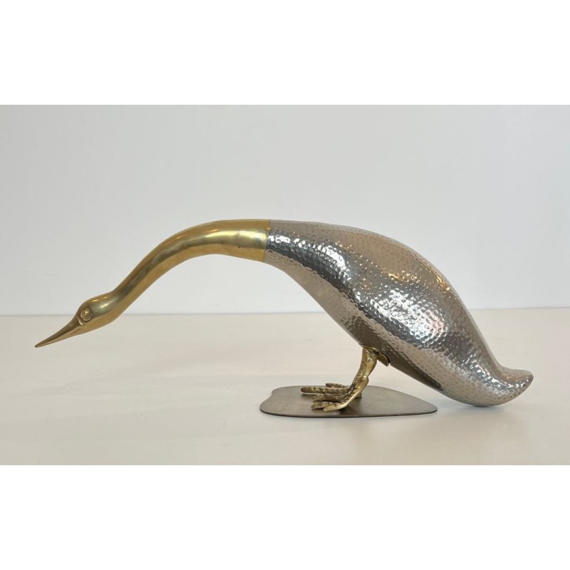 Pair of Silvered Metal and Brass Decorative Duck Sculptures, Mid-20th Century