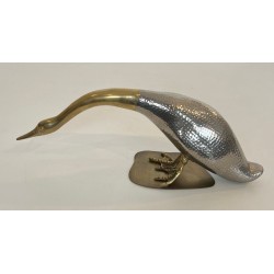 Pair of Silvered Metal and Brass Decorative Duck Sculptures, Mid-20th Century