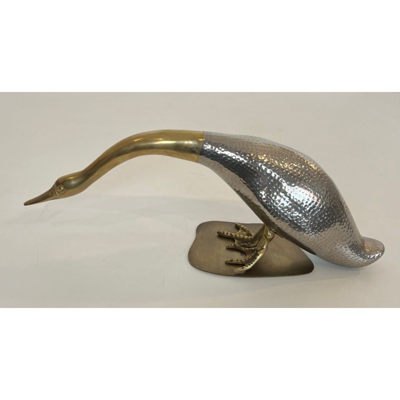 Pair of Silvered Metal and Brass Decorative Duck Sculptures, Mid-20th Century