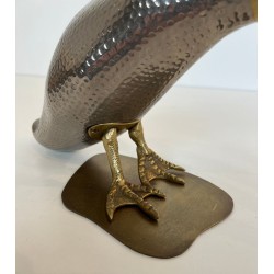 Pair of Silvered Metal and Brass Decorative Duck Sculptures, Mid-20th Century