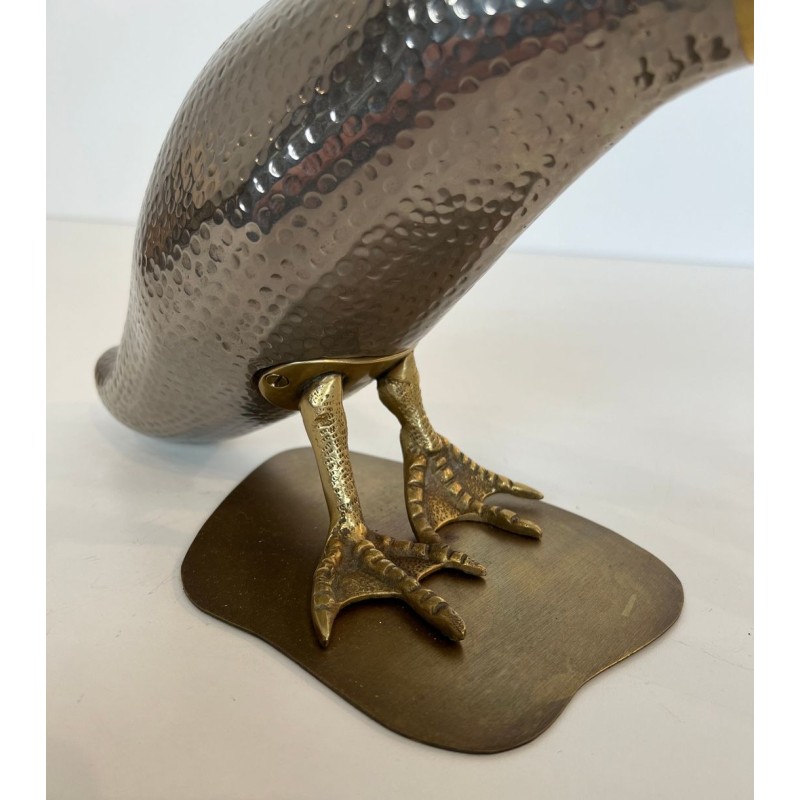 Pair of Silvered Metal and Brass Decorative Duck Sculptures, Mid-20th Century
