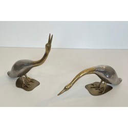 Pair of Silvered Metal and Brass Decorative Duck Sculptures, Mid-20th Century