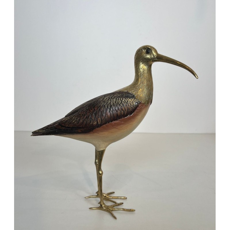 Sculpture Représentant un Oiseau en Bois Polychrome et Laiton